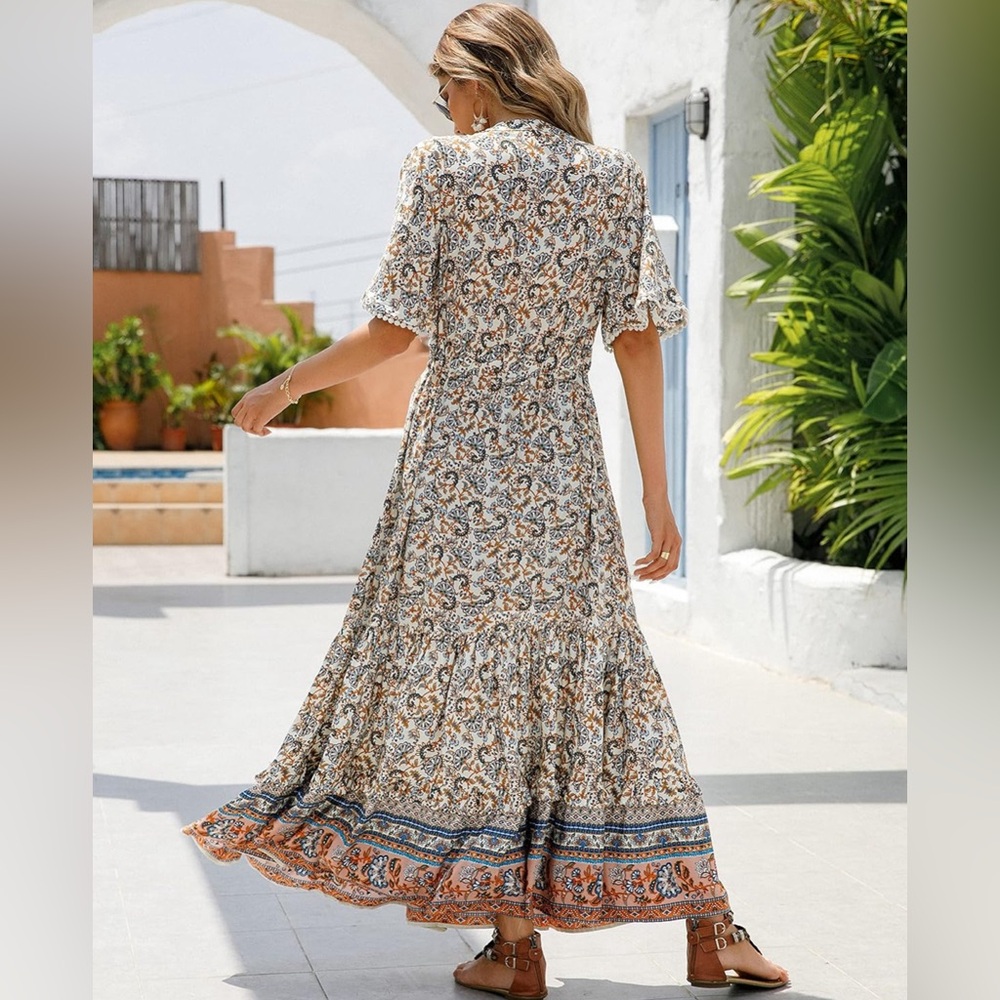 R. Vivimos Floral Maxi Dress with Orange and Blue Accents - Picture 2 of 8